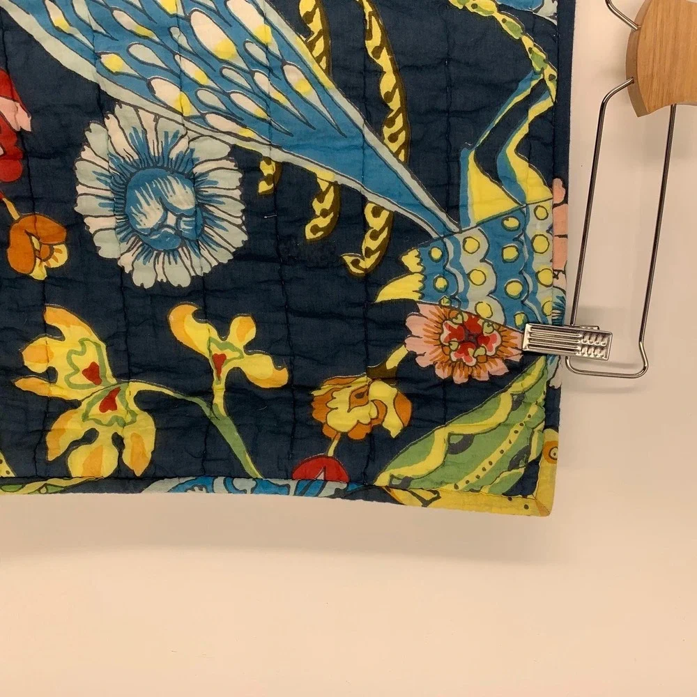Pottery Barn Kantha Bird‎ Floral Quilted Pillow Sham Navy White Cotton Tie
